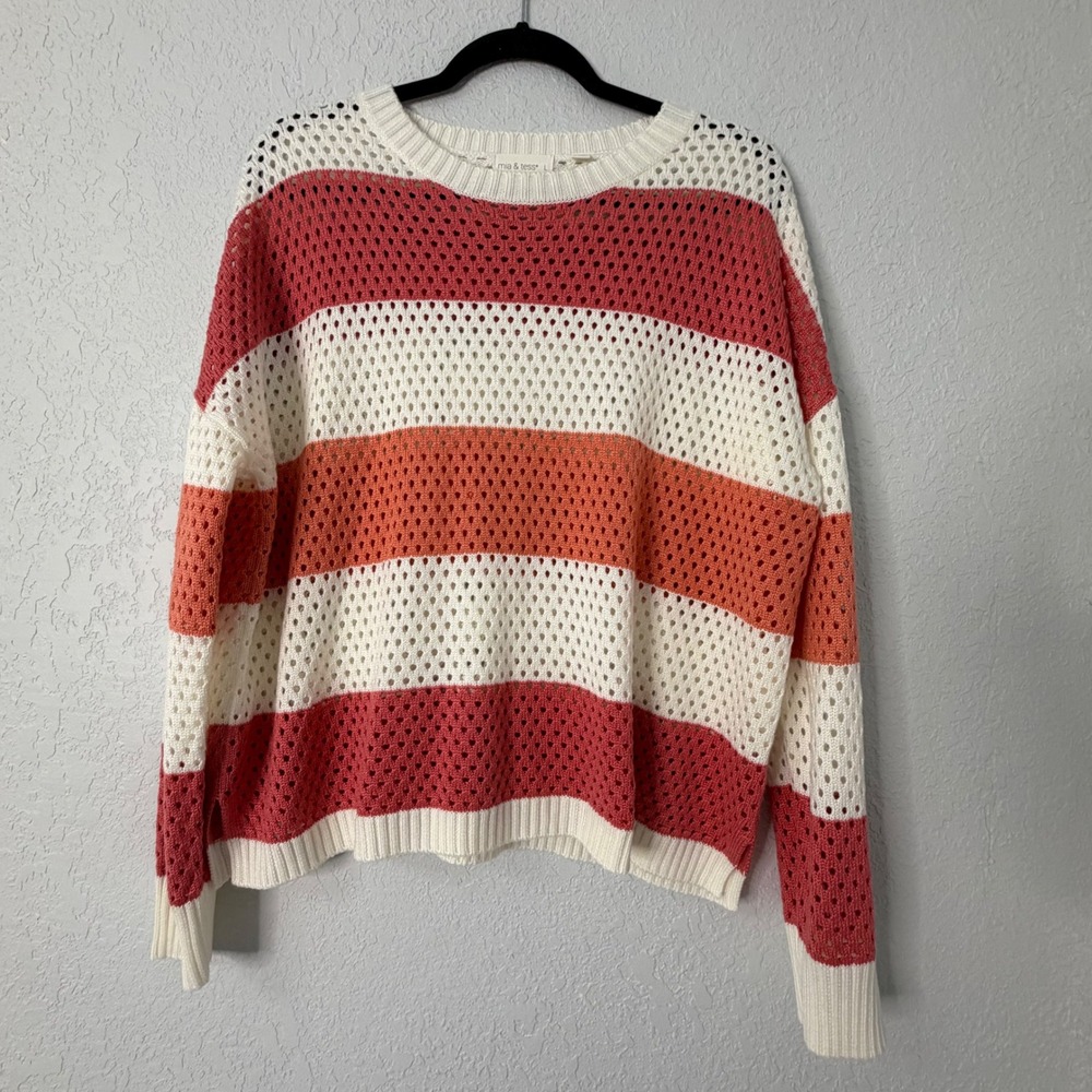 Mia & Tess Womens Large Striped Open Knit Sweater Coral Orange Cream Crewneck